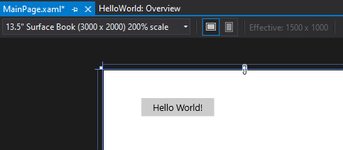Screenshot showing the Button control on the canvas of the XAML Designer with the label of the button changed to Hello World!