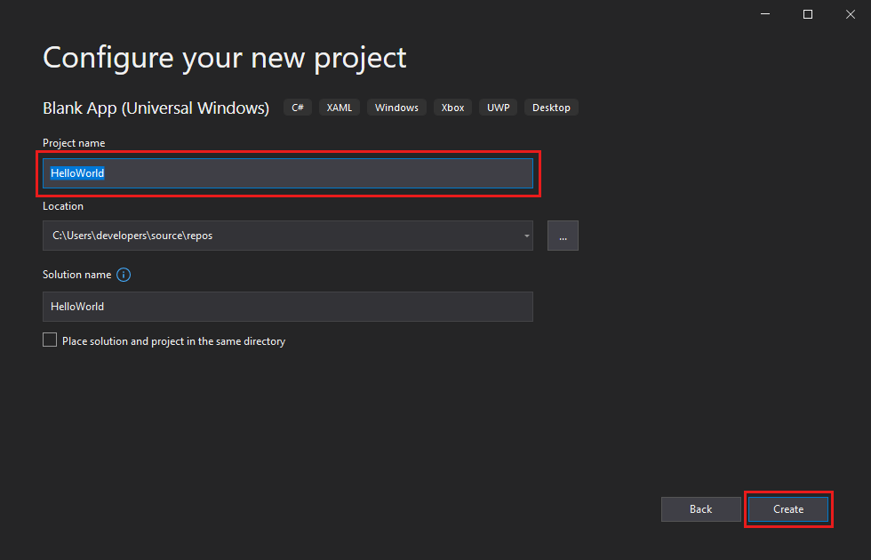 Screenshot of the 'Configure your new project' dialog box with 'HelloWorld' entered in the Project name field.