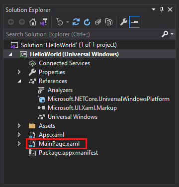 Screenshot of the Solution Explorer window showing the properties, references, assets, and files in the HelloWorld project with the file MainPage.xaml selected.