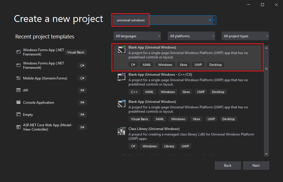 Screenshot of the 'Create a new project' dialog box with 'Universal Windows' entered in the search box, and the 'Blank App (Universal Windows)' project template highlighted.