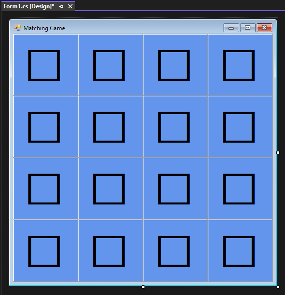 Screenshot of the matching game form with 16 black squares.