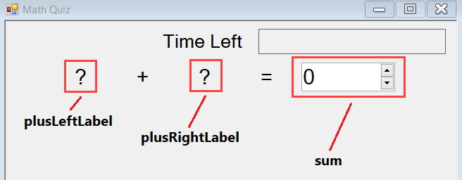 Screenshot that shows the first row of the math quiz, with labels visible and a control with arrow keys that displays a zero.