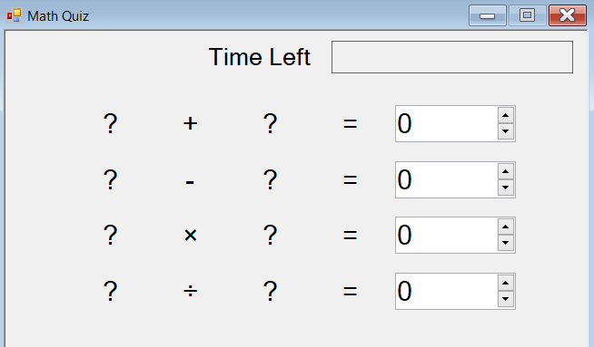 Screenshot that shows a math quiz with four rows of problems, with labels and controls with arrow keys visible.