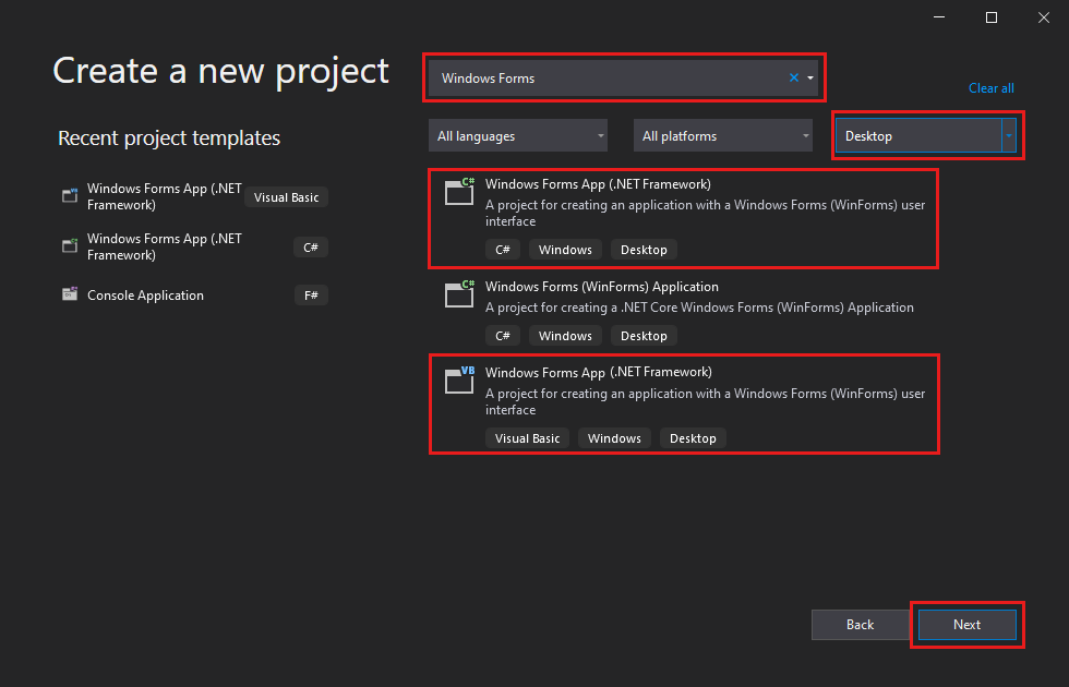 Screenshot that shows the Create a new project dialog box with the search box, the Project type list, and two templates called out.
