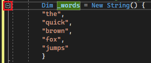 Screenshot showing the Visual Studio Code editor, with the control for collapsing the outline of a section of code highlighted in red.