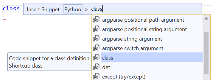 Screenshot that shows a code snippet for the class shortcut.