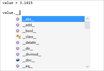 Screenshot that shows private dunder member completion types in the Visual Studio editor.