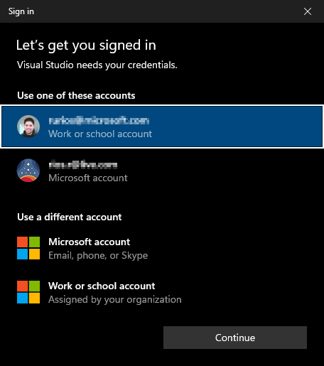 WAM select account dialog showing available Windows accounts