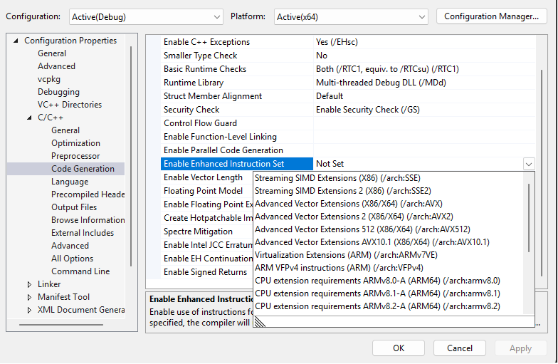 Setting the Enable Enhanced Instruction Set setting to AVX10.1