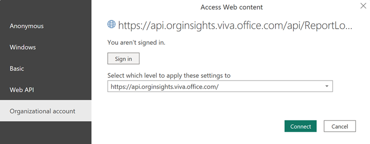 Screenshot that shows signing into to Power BI on the Organizational account tab.