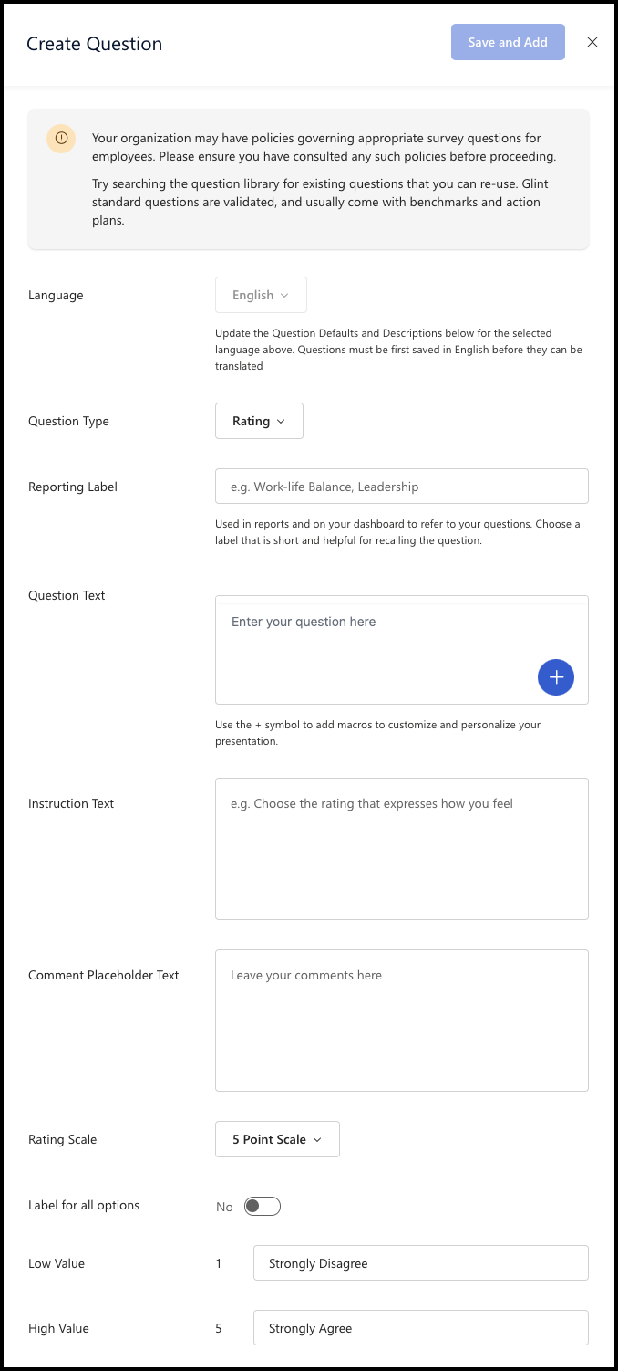 Screenshot of Create Question slider window.