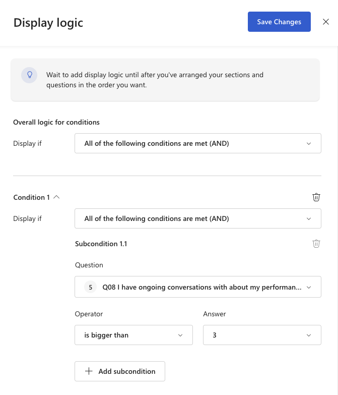 Screenshot of display logic setup pane for Coaching and Job Feedback.