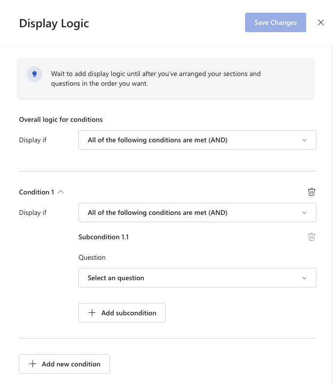 Screenshot of display logic setup pane.