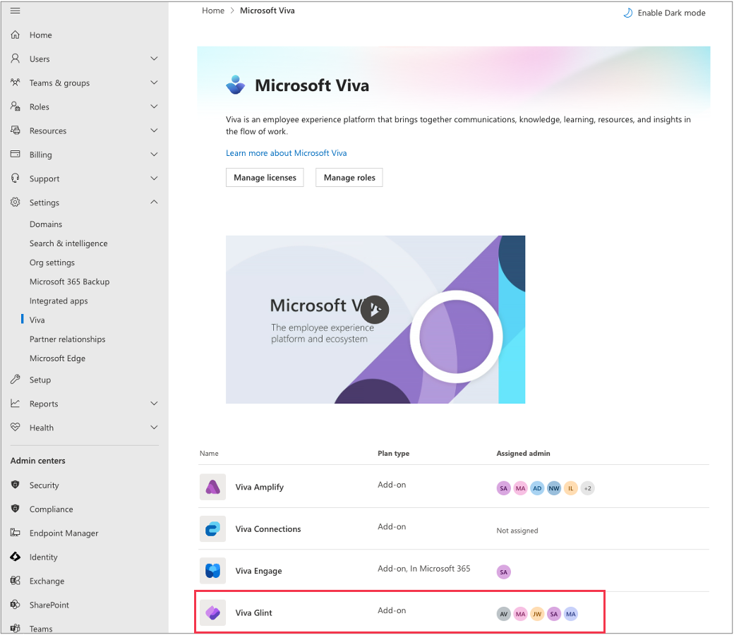 Screenshot of Viva Glint in the Microsoft 365 admin center.