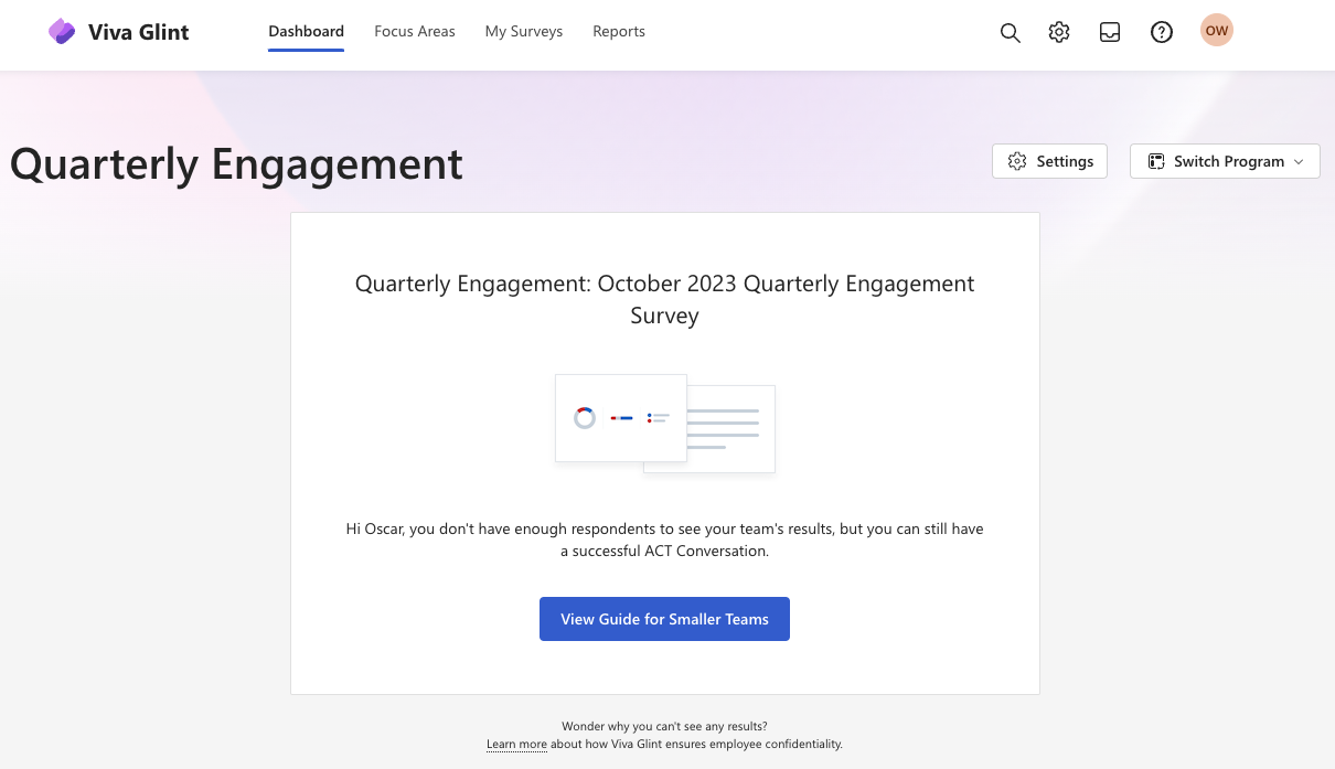 Screenshot of a Viva Glint dashboard for a user with insufficient results.