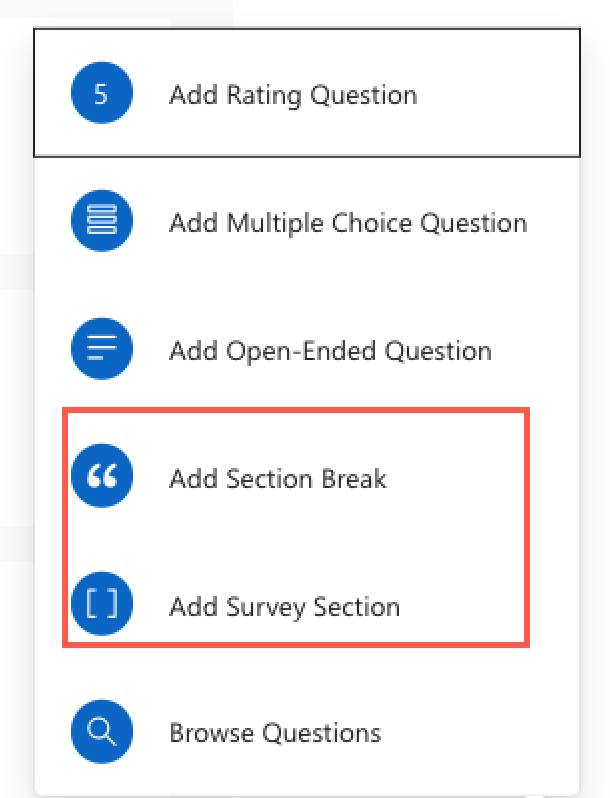 Screenshot of Add Section Break and Add Survey Section dropdown menu.