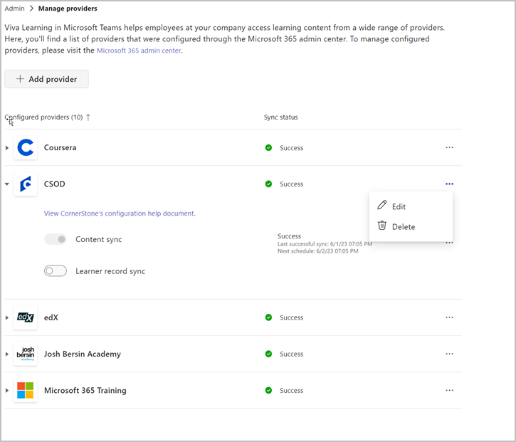 Manage providers page with a successful configuration status of the chosen provider