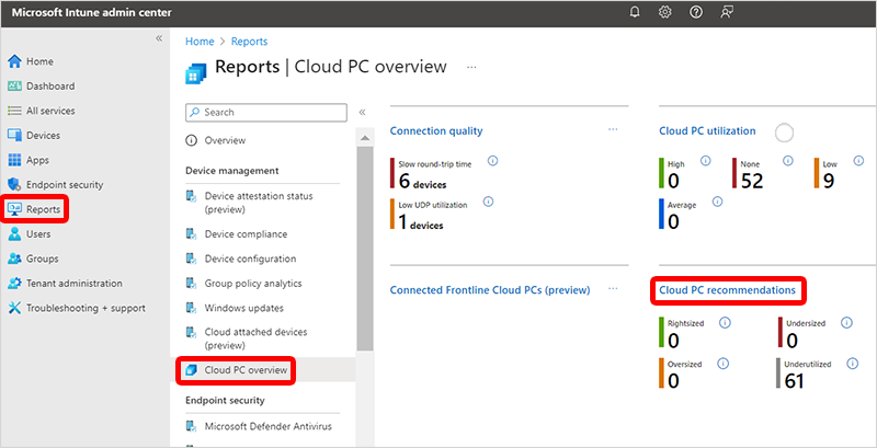 Screenshot of Cloud PC recommendation report.