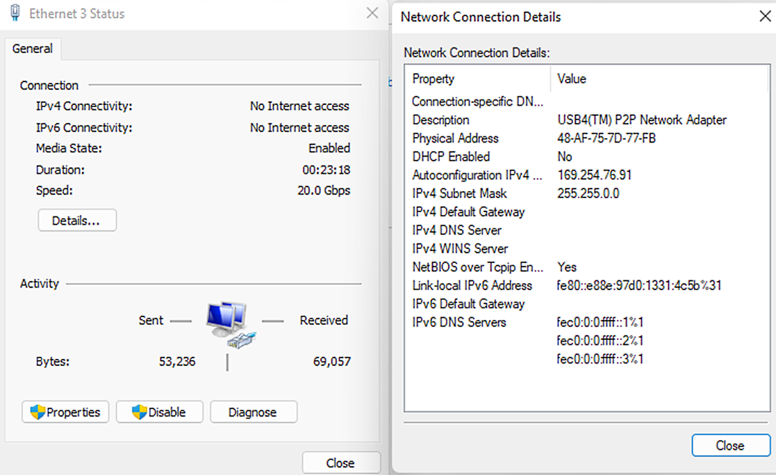 Screenshot showing USB4 network connection IP addresses.