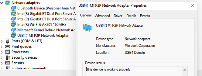 Screenshot of USB4 P2P network adapter properties in Windows Device Manager.
