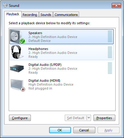 Screenshot of Control Panel Sound application dialog box in Windows 7.