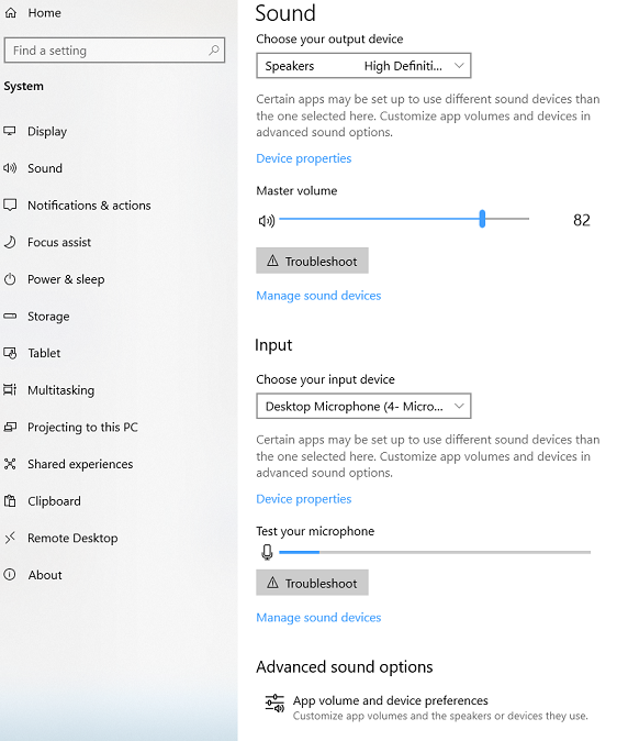 Screenshot of sound settings page in Windows 10.