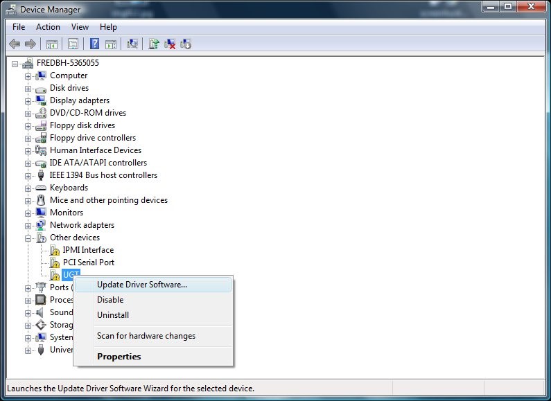 Screenshot that shows "Device Manager" with "U G T" right-clicked and "Update Driver Software..." selected.