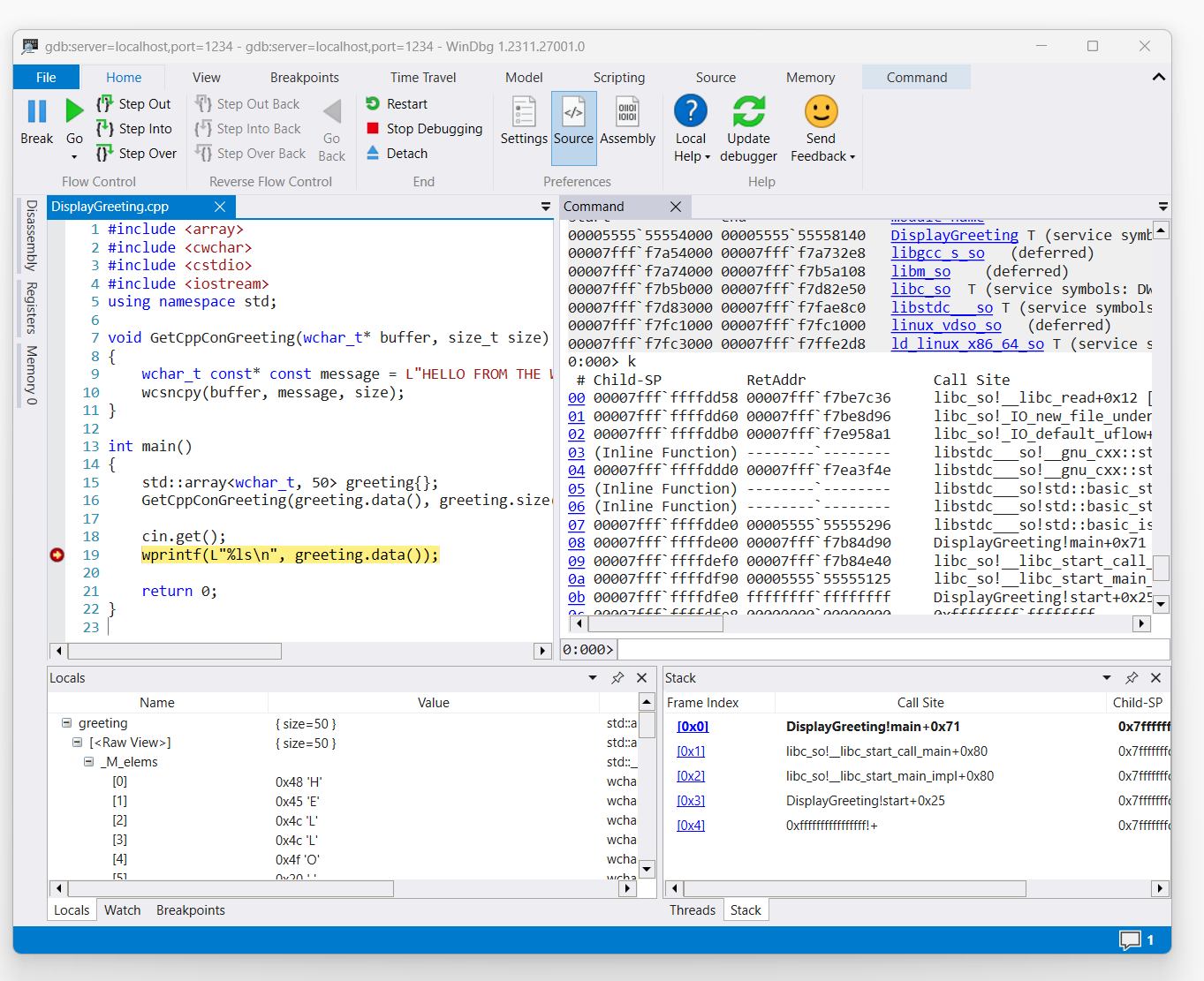 screen shot of DisplayGreeting.cpp code in WinDbg with breakpoint set on line 19, wprint