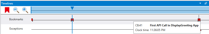 Screenshot of WinDbg timeline with three bookmarks and a tooltip displaying bookmark name.