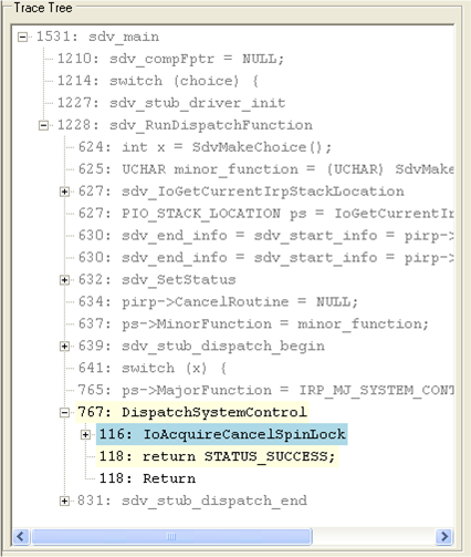 Screenshot of the opening view of the Static Driver Verifier Defect Viewer window for a CancelSpinLock rule violation.