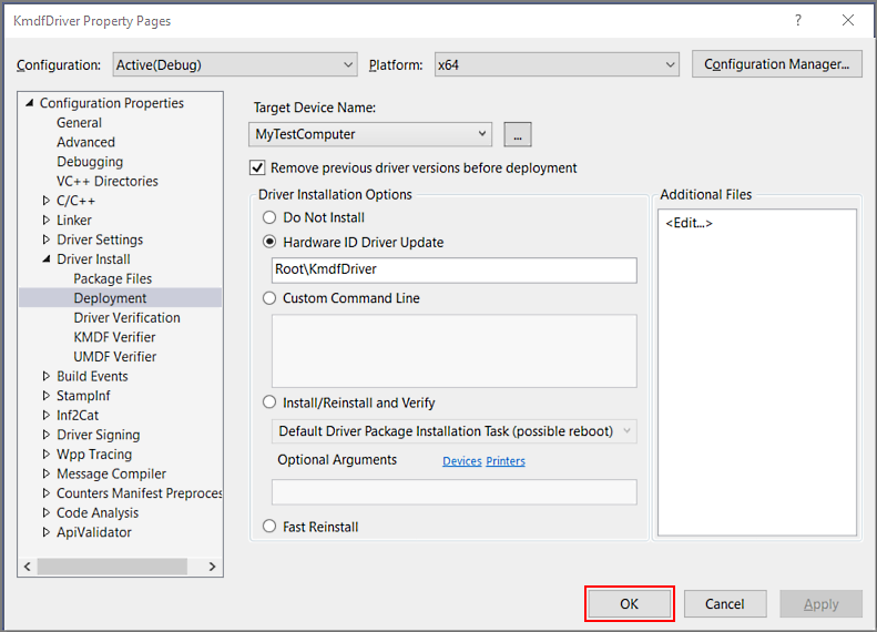 screen shot of the kmdfdriver package property pages window, showing deployment driver install selected