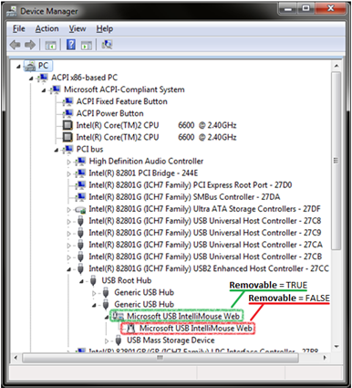 screen shot of device manager window showing devnode topology for a usb mouse.