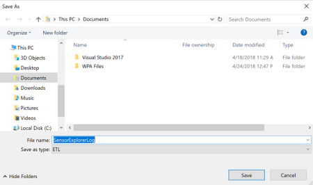 Screenshot of the SensorExplorer log Save As dialog.