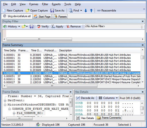 Screenshot that shows a device of interest selected in the "Frame Summary" that was not connected when the trace was started.