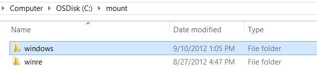 Windows Explorer with Mount directory of C drive containing windows and winre subdirectories