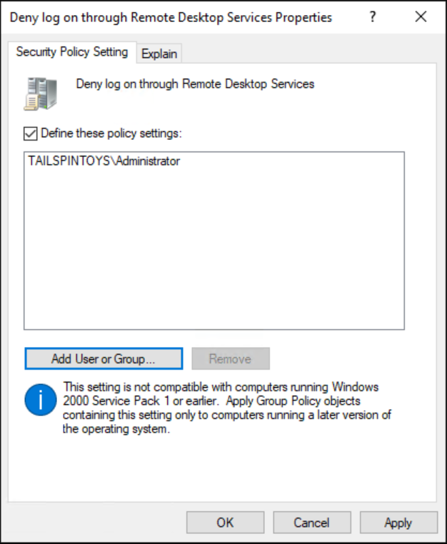 Screenshot that shows how to verify you have configured the user rights to prevent the BA account from accessing member servers and workstations via Remote Desktop Services.