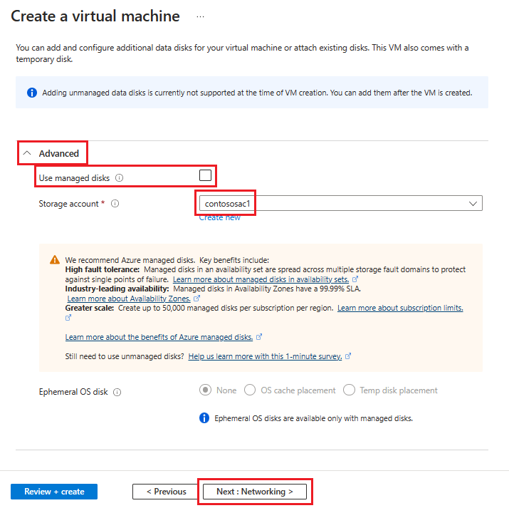 Screenshot showing the Disks tab for how to create a virtual machine.