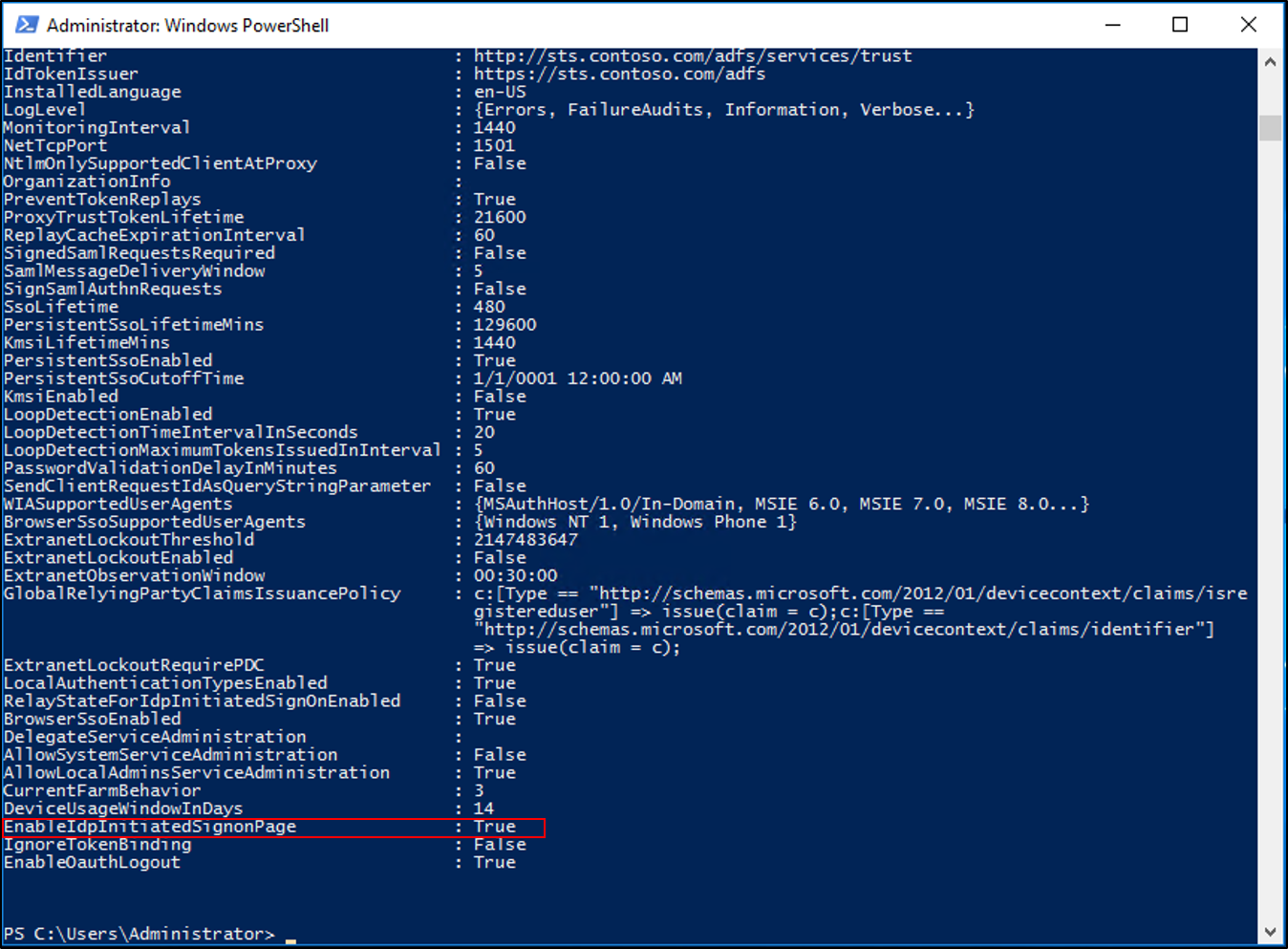 Screenshot  PowerShell output highlighting that the EnableIdpInitiatedSignonPage property is set to true.