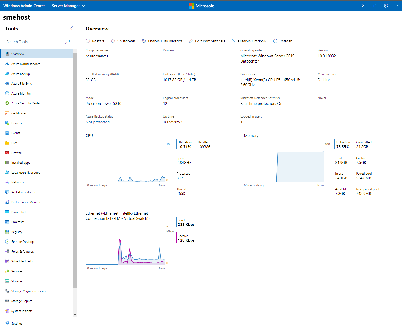 Server connection Overview screen