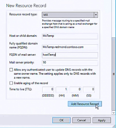 Screenshot of the Resource record page of the Add Resource Record wizard with the Add Resource Record option highlighted.