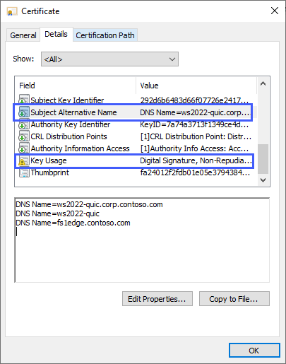 Certificate details showing subject alternative name value as DNS Name equals ws2022-quic.corp, and Key Usage value as Digital Signature, Non-Repudiated