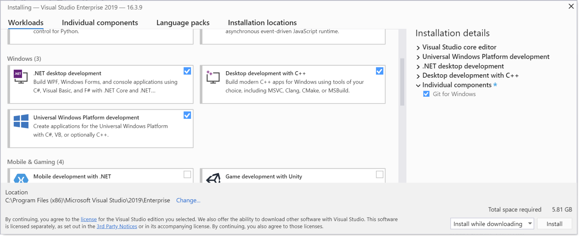 .NET desktop development, Desktop development with C++, and Universal Windows Platform development