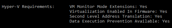 Hyper-V requirements from systeminfo in command prompt