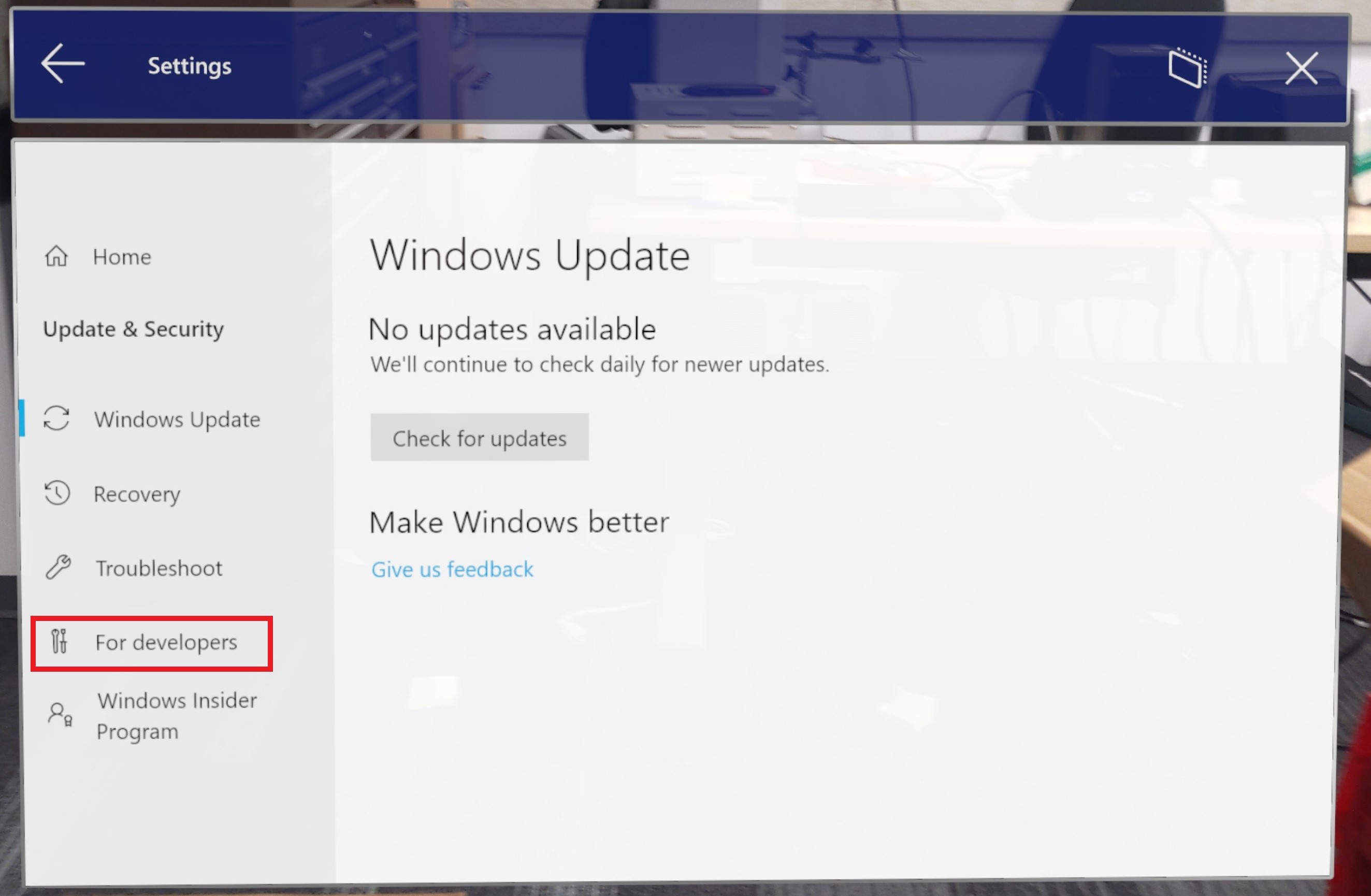 Screenshot of security and updates window open with for developers button highlighted