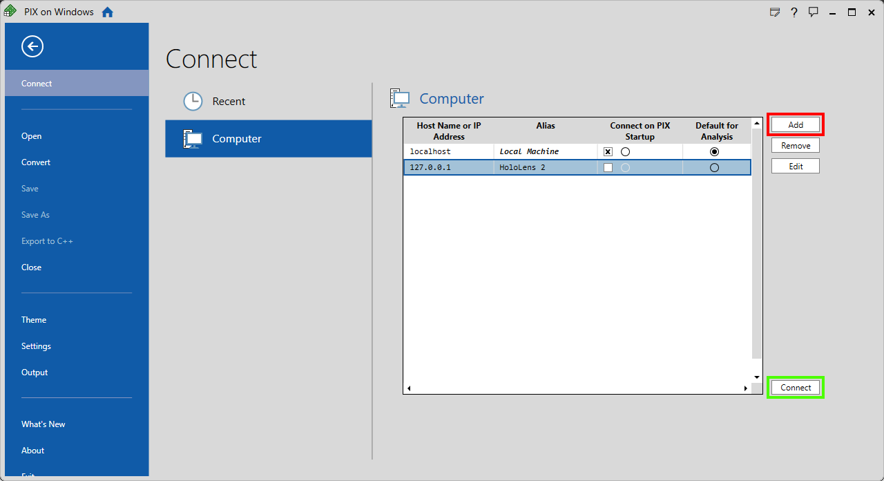 Screenshot of PIX application connect window with alias, host name, IP address, and add button highlighted