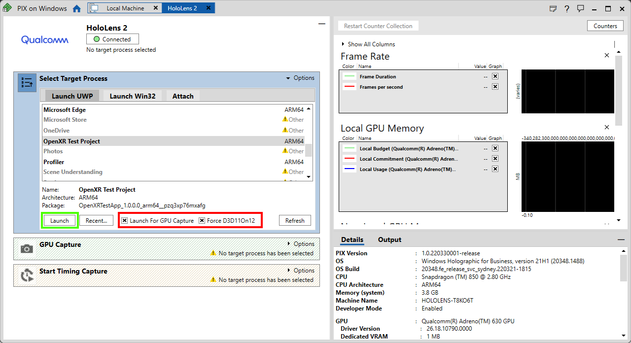 Screenshot of PIX application with the select target process window and launch button highlighted