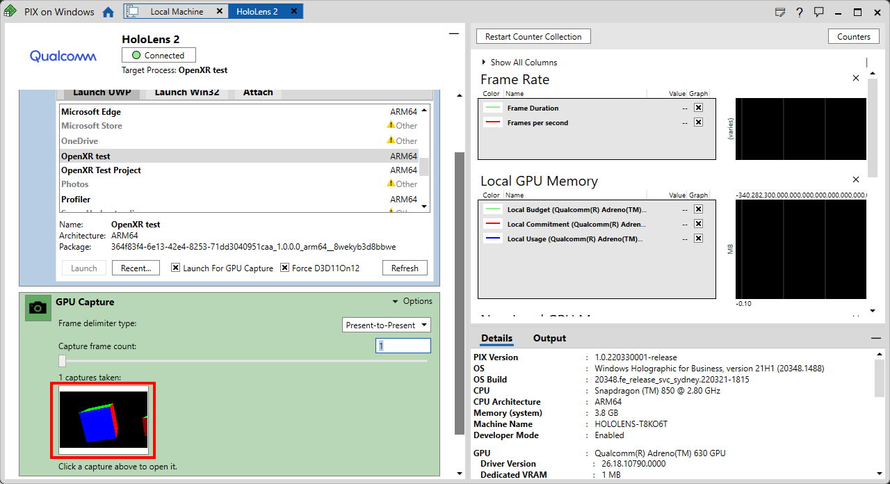 Screenshot of the PIX application with the GPU capture section open with GPU capture panel highlighted