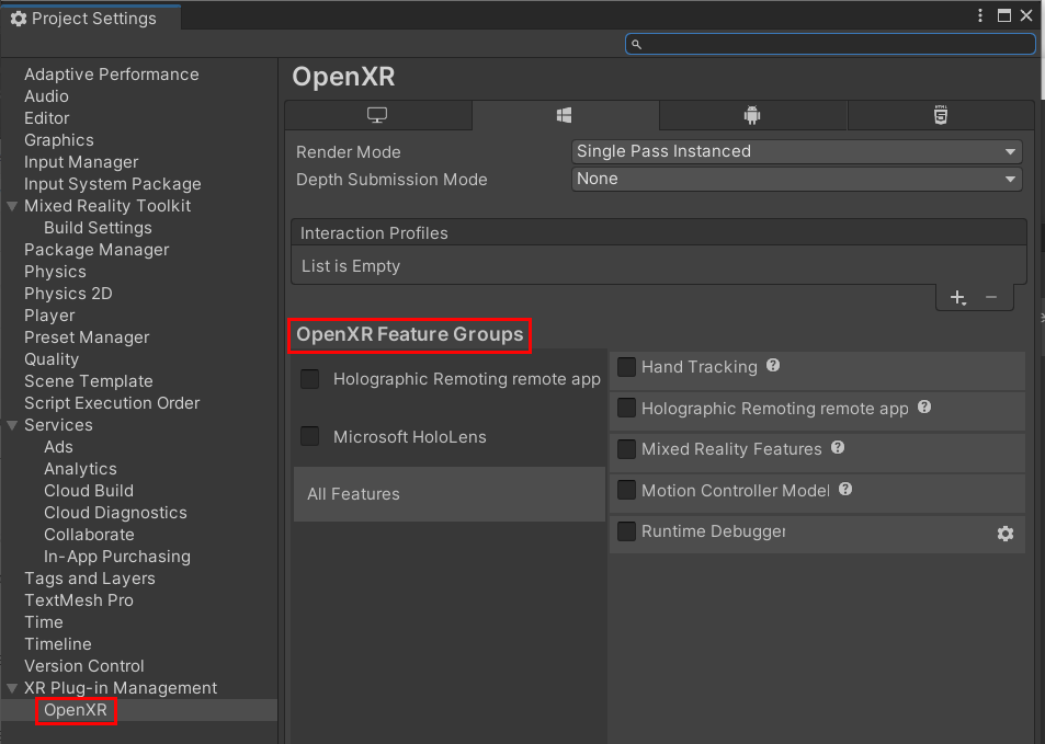 OpenXR Plugin settings