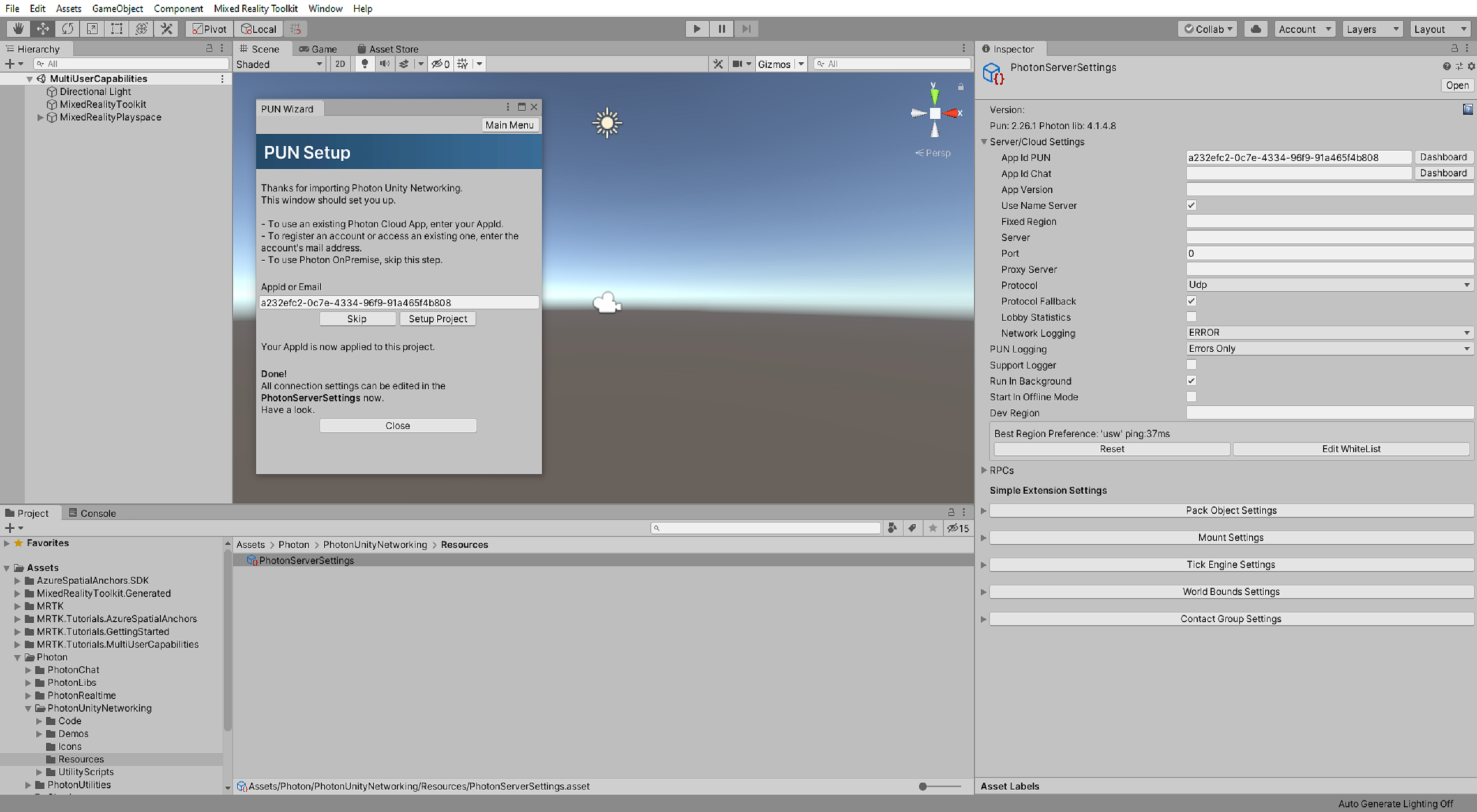 Unity PUN Setup window with Setup Project applied