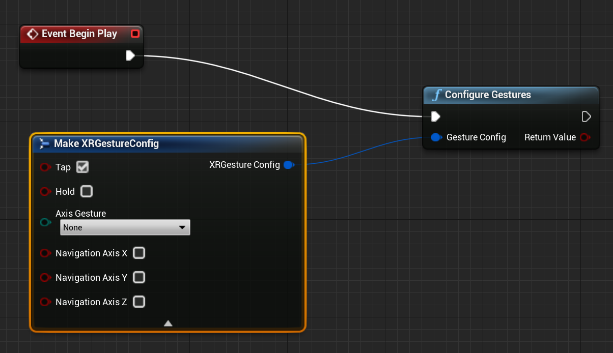 Blueprint of event begin play connected to configure gestures function